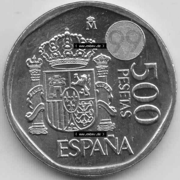 Grau bzw. s/w Münzen Spanien Umlaufmünze 1993-2001, 500 PTAS, Peseten 1999. Vorderseite der alten Peseten Umlaufmünze aus Spanien vor Einführung der Euromünzen in Spanien... Sammlung Graustufen