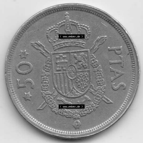 Grau bzw. s/w Münzen Spanien Umlaufmünze 1975, 1976-1980, 50 PTas, Peseten 1980. Vorderseite der alten Peseten Umlaufmünze aus Spanien vor Einführung der Euromünzen... Sammlung Graustufen