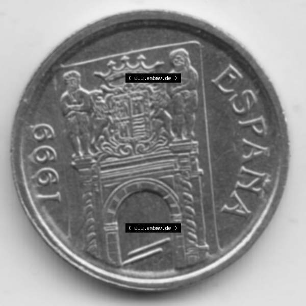 Grau bzw. s/w Münzen Spanien Umlaufmünze 1999-1999, 5 Peseten 1999. Rückseite der spanischen Umlaufmünze aus Spanien vor der Euro-Einführung in Spanien zum katalogisieren im spanischen... Sammlung Graustufen