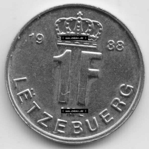 Grau bzw. s/w Münzen Luxemburg Umlaufmünze 1988-1995, 1 Franc - Franken 1988, Bild mit Vorderseite der Münze als Bildmaterial Sammlung Graustufen