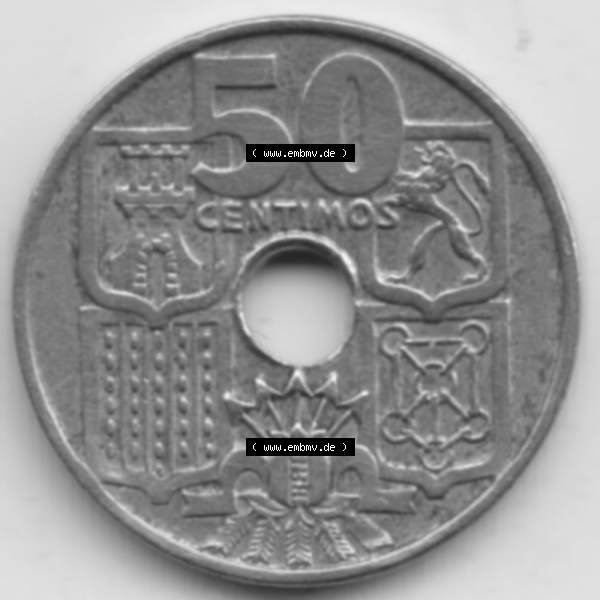 Grau bzw. s/w Münzen Spanien Umlaufmünze 1949-1963, 50 Centimos 1963. Vorderseite der Peseten Umlaufmünze aus Spanien vor Einführung der Euromünzen in Spanien zum katalogisieren... Sammlung Graustufen