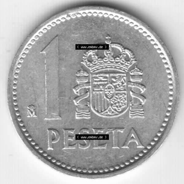 Grau bzw. s/w Münzen Spanien Umlaufmünze 1982-1989, 1 Peseta, 1 Pesete 1987. Vorderseite der alten Peseten Umlaufmünze aus Spanien vor Einführung der Euromünzen in Spanien... Sammlung Graustufen