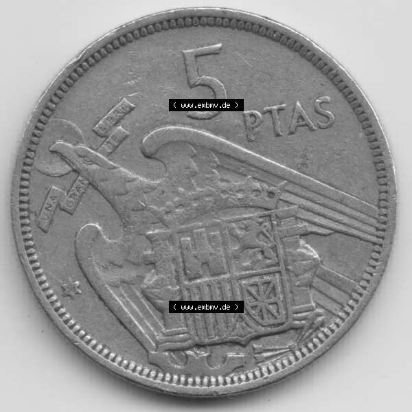 Grau bzw. s/w Münzen Spanien Umlaufmünze 1957, 1957-1975, 5 PTAS, Peseten 1958. Vorderseite der Peseten Umlaufmünze aus Spanien vor Einführung der Euromünzen in Spanien... Sammlung Graustufen