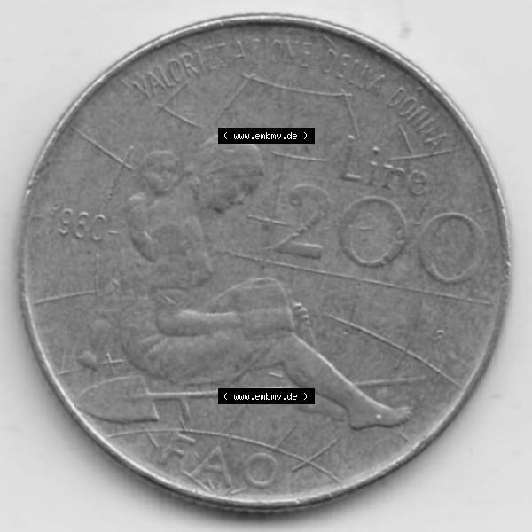 Grau bzw. s/w Münzen Italien Gedenkmünze 1980-1980, 200 Lire FAO - Internationales Jahr der Frau. Vorderseite der alten italienischen Münze aus Italien in der italienischen Lira-Währung... Sammlung Graustufen