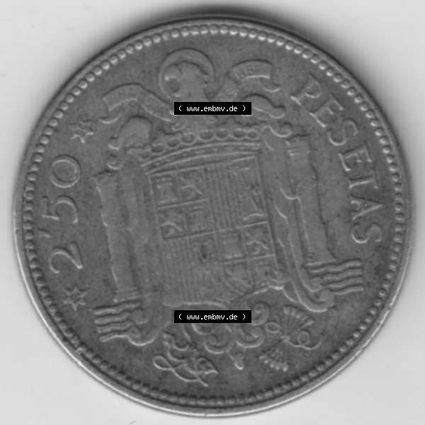 Grau bzw. s/w Münzen Spanien Umlaufmünze 1953-1953, 2,50 Peseten 1953. Vorderseite der Peseten Umlaufmünze aus Spanien vor Einführung der Euromünzen in Spanien zum katalogisieren... Sammlung Graustufen