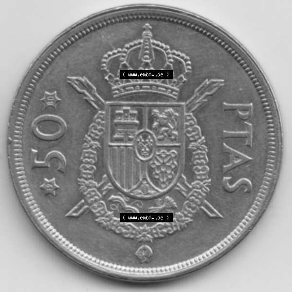 Grau bzw. s/w Münzen Spanien Umlaufmünze 1975-1975, 50 Peseten 1980. Vorderseite der alten Peseten Umlaufmünze aus Spanien vor Einführung der Euromünzen in Spanien zum katalogisieren... Sammlung Graustufen