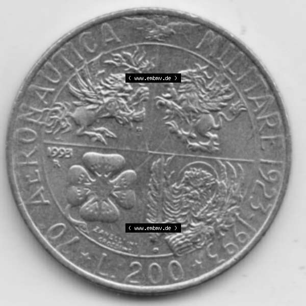 Grau bzw. s/w Münzen Italien Gedenkmünze 1993-1993, 200 Lire Militärischen Luftfahrt. Vorderseite der alten italienischen Münze aus Italien in der italienischen Lira-Währung zum... Sammlung Graustufen