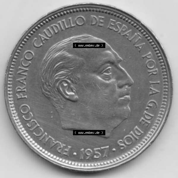 Grau bzw. s/w Münzen Spanien Umlaufmünze 1957-1957, 50 Peseten 1960. Rückseite der spanischen Umlaufmünze aus Spanien vor der Euro-Einführung in Spanien zum katalogisieren im spanischen... Sammlung Graustufen