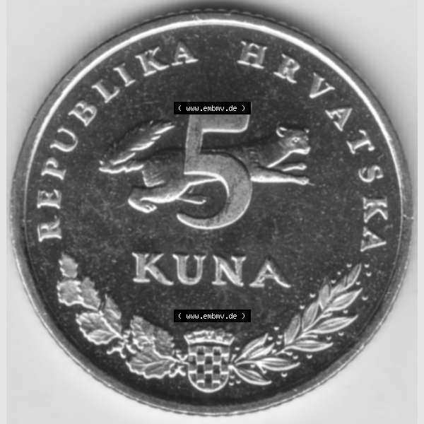 Grau bzw. s/w Münzen Kroatien Umlaufmünze 2000 5 Kuna, Bild mit Rückseite der Münze als Bildmaterial Sammlung Graustufen