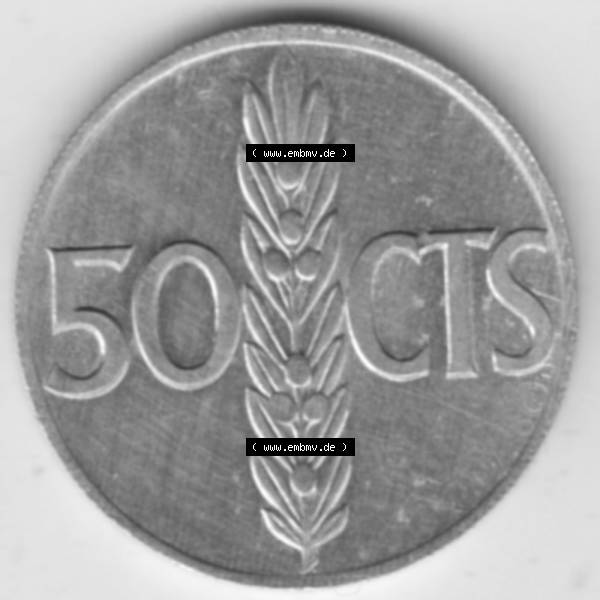 Grau bzw. s/w Münzen Spanien Umlaufmünze 1966-1966, 50 Centomis. Vorderseite der alten Peseten Umlaufmünze aus Spanien vor Einführung der Euromünzen in Spanien zum katalogisieren... Sammlung Graustufen