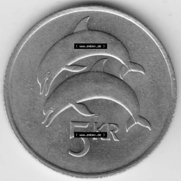 Grau bzw. s/w Münzen Island Umlaufmünze 1981-1992, 5 KR Kronur, Kronen 1981. Rückseite der alten Isländischen Umlaufmünze aus Island in Isländischen Kronen-Währung... Sammlung Graustufen