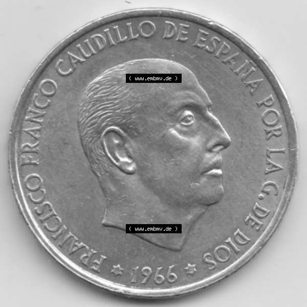 Grau bzw. s/w Münzen Spanien Umlaufmünze 1966-1966, 100 Peseten Silber. Rückseite der spanischen Umlaufmünze aus Spanien vor der Euro-Einführung in Spanien zum katalogisieren im... Sammlung Graustufen