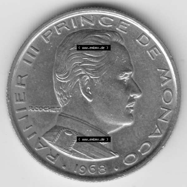 Grau bzw. s/w Münzen Monaco Umlaufmünze 1960-1995, 1 Fr, Franc, Franken Rainier III Prince de Monaco I. 1968 (2) Sammlung Graustufen