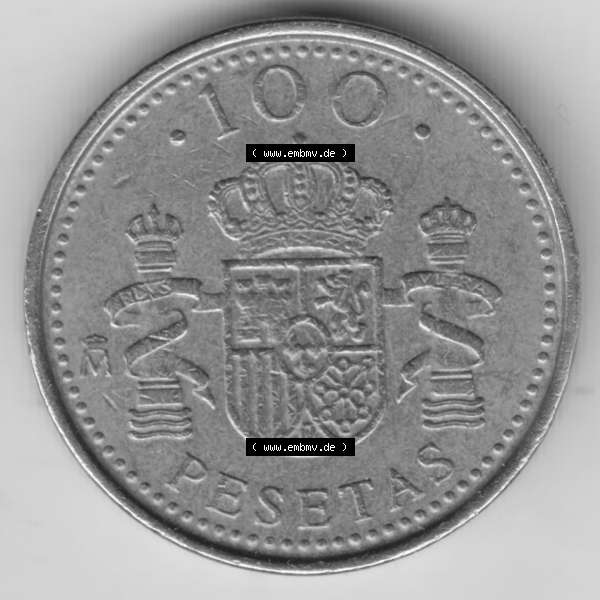 Grau bzw. s/w Münzen Spanien Umlaufmünze 1998-2000, 100 Pesetas - Peseten 1998. Vorderseite der alten Peseten Umlaufmünze aus Spanien vor Einführung der Euromünzen in Spanien zum... Sammlung Graustufen