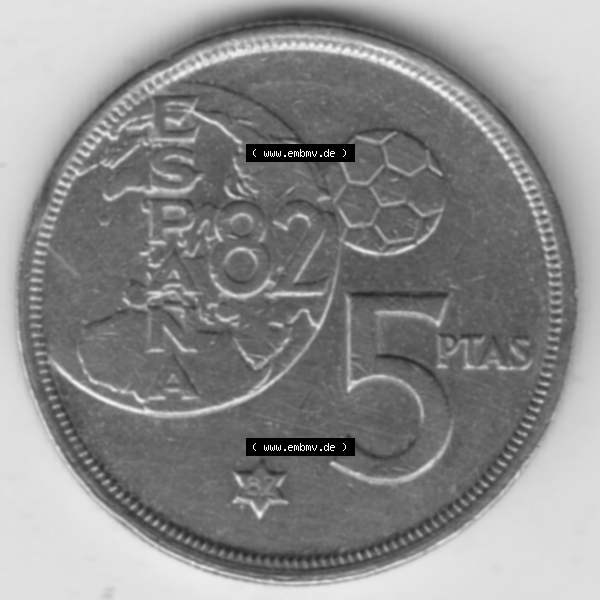 Grau bzw. s/w Münzen Spanien Umlaufmünze 1980-1980, 5 Peseten 1982. Vorderseite der alten Peseten Umlaufmünze aus Spanien vor Einführung der Euromünzen in Spanien zum katalogisieren... Sammlung Graustufen
