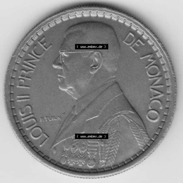 Grau bzw. s/w Münzen Monaco Umlaufmünze 1946-1946, 10 Fr, Francs, Franken, Louis II Prince de Monaco (2) Sammlung Graustufen