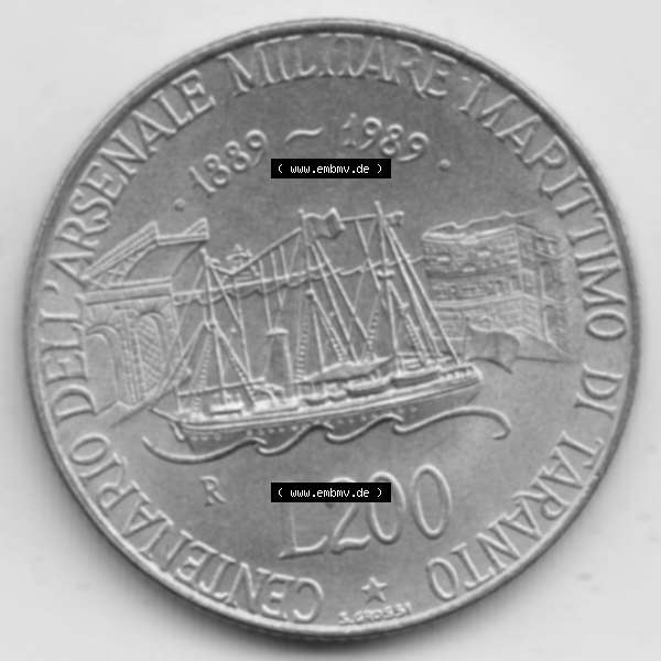 Grau bzw. s/w Münzen Italien Gedenkmünze 1989-1989, 200 Lire Marinebasis Tarent. Vorderseite der alten italienischen Münze aus Italien in der italienischen Lira-Währung zum katalogisieren... Sammlung Graustufen