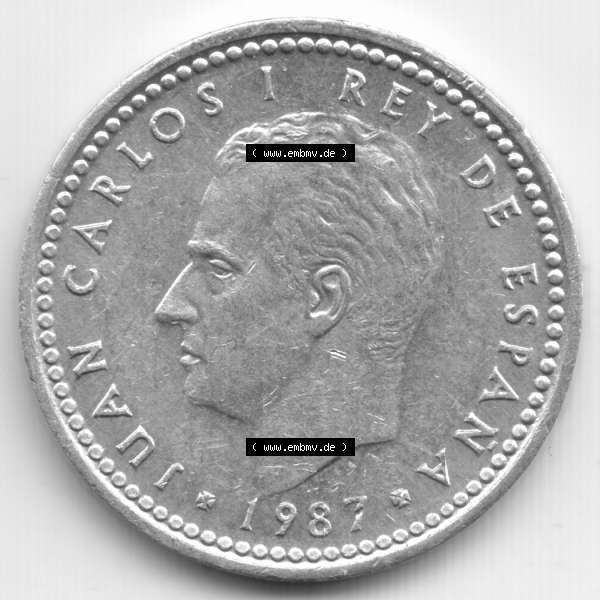 Grau bzw. s/w Münzen Spanien Umlaufmünze 1982-1989, 1 Peseta, 1 Pesete 1987. Rückseite der spanischen Umlaufmünze aus Spanien vor der Euro-Einführung in Spanien zum katalogisieren... Sammlung Graustufen