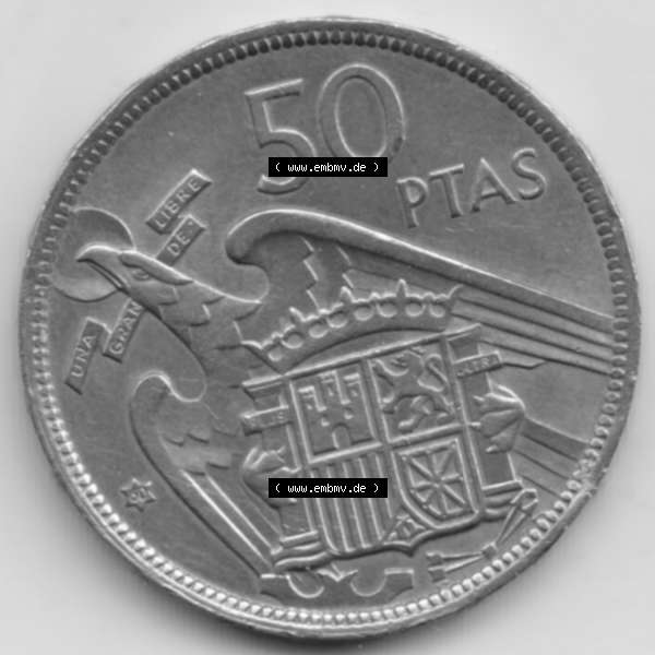 Grau bzw. s/w Münzen Spanien Umlaufmünze 1957-1957, 50 Peseten 1960. Vorderseite der Peseten Umlaufmünze aus Spanien vor Einführung der Euromünzen in Spanien zum katalogisieren... Sammlung Graustufen
