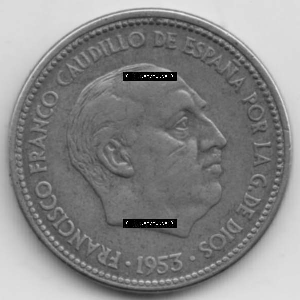 Grau bzw. s/w Münzen Spanien Umlaufmünze 1953-1953, 2,50 Peseten 1953. Rückseite der spanischen Umlaufmünze aus Spanien vor der Euro-Einführung in Spanien zum katalogisieren... Sammlung Graustufen