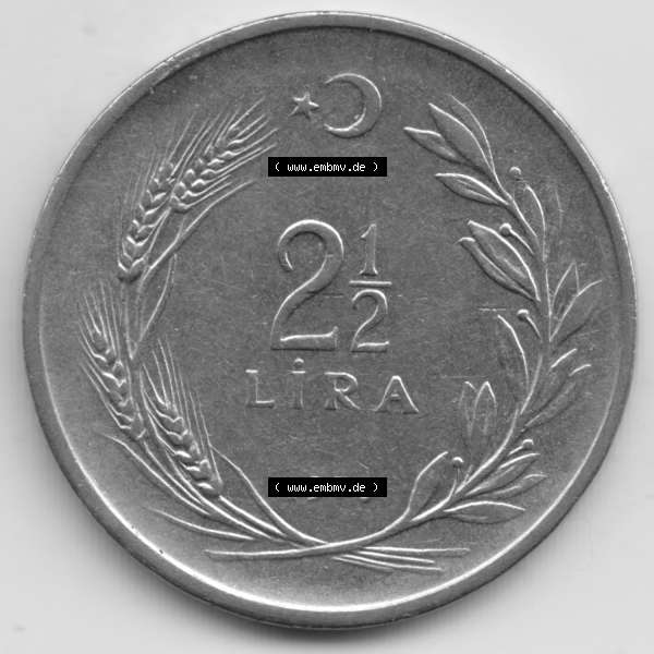 Grau bzw. s/w Münzen Türkei Umlaufmünze 1969-1980, 2,50 Lira - Lire. Vorderseite der Münze der Türkei als Bildmaterial für Sammler und Münzen-Webseiten hier im online... Sammlung Graustufen