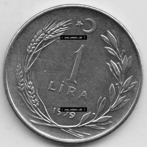 Grau bzw. s/w Münzen Türkei Umlaufmünze 1967-1980, 1 Lira - Lire. Vorderseite der Münze der Türkei als Bildmaterial für Sammler und Münzen-Webseiten hier im online Katalog... Sammlung Graustufen