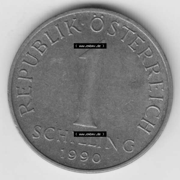 Grau bzw. s/w Münzen Österreich Umlaufmünze 1959-2001, 1 Schilling 1990, Bild mit Vorderseite der Münze aus Österreich als Bildmaterial, für dich selbst Sammlung Graustufen