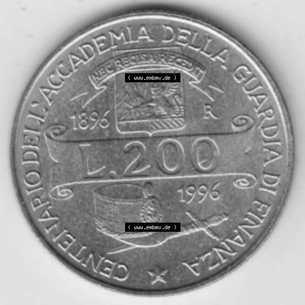 Grau bzw. s/w Münzen Italien Gedenkmünze 1996-1996, 200 Lire Zollakademie. Vorderseite der alten italienischen Münze aus Italien in der italienischen Lira-Währung zum katalogisieren... Sammlung Graustufen