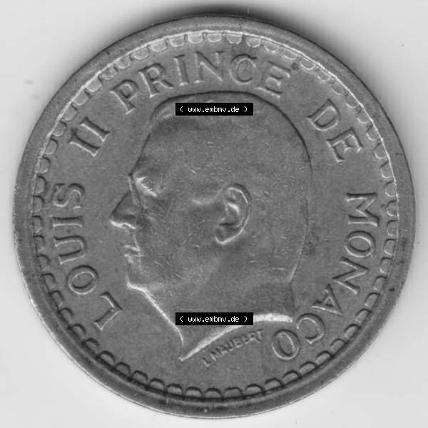 Grau bzw. s/w Münzen Monaco Umlaufmünze 1945-1945, 1 Fr, Franc, Franken, Louis II Prince de Monaco (2) Sammlung Graustufen