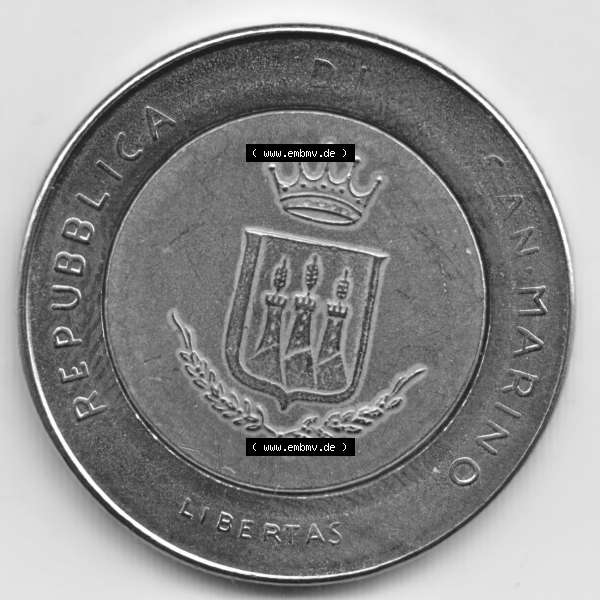 Grau bzw. s/w Münzen San Marino Gedenkmünze 1983-1983, 500 Lire Bedrohung durch einen Atomkrieg. Wappen der 500 Lire Gedenkmünzen von San Marino Eurovorläufer als Bildmaterial im online... Sammlung Graustufen