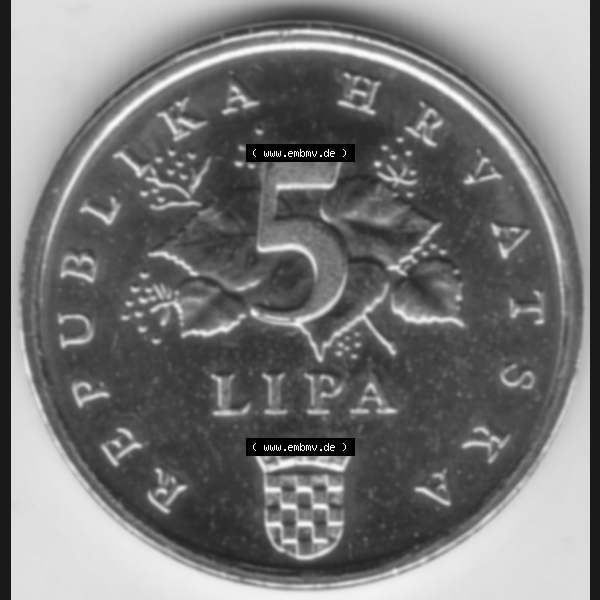 Grau bzw. s/w Münzen Kroatien Umlaufmünze 2000 5 Lipa, Bild mit Rückseite der Münze als Bildmaterial Sammlung Graustufen