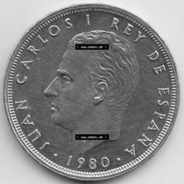 Grau bzw. s/w Münzen Spanien Umlaufmünze 1980-1982, 25 Pesetas - Peseten 1982. Rückseite der spanischen Umlaufmünze aus Spanien vor der Euro-Einführung in Spanien zum katalogisieren... Sammlung Graustufen