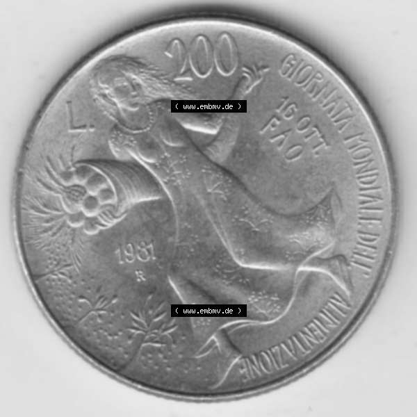 Grau bzw. s/w Münzen Italien Gedenkmünze 1981-1981, 200 Lire FAO - Welternährungstag. Vorderseite der alten italienischen Münze aus Italien in der italienischen Lira-Währung zum... Sammlung Graustufen
