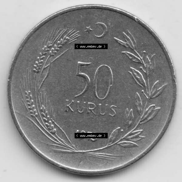 Grau bzw. s/w Münzen Türkei Umlaufmünze 1971-1979, 50 Kurus. Vorderseite der Münze der Türkei als Bildmaterial für Sammler und Münzen-Webseiten hier im online Katalog... Sammlung Graustufen