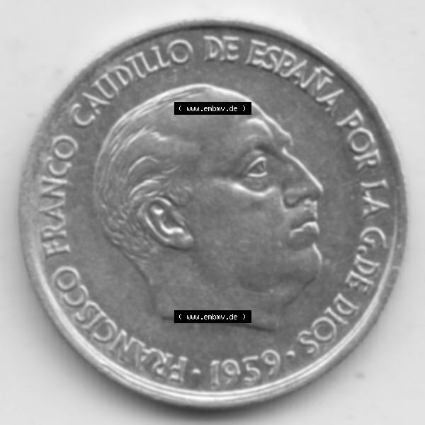 Grau bzw. s/w Münzen Spanien Umlaufmünze 1959-1959, 10 Centimos 1959. Rückseite der spanischen Umlaufmünze aus Spanien vor der Euro-Einführung in Spanien zum katalogisieren im spanischen... Sammlung Graustufen