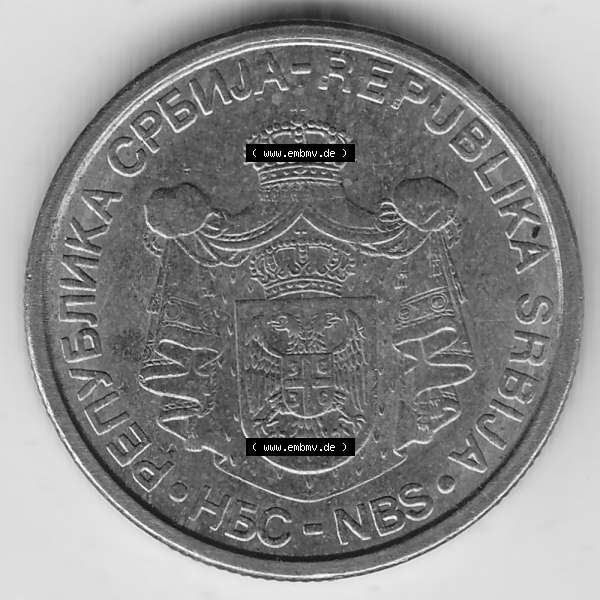 Grau bzw. s/w Münzen Serbien Umlaufmünze 2005-2009, 1 Dinar 2006. Münze aus Serbien als Bildmaterial für Sammler und Münzen-Webseiten hier im online Katalog und Datenbank für... Sammlung Graustufen