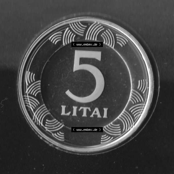 Grau bzw. s/w Münzen Litauen Umlaufmünze 2003, 5 Litai, Bild mit Vorderseite der Münze als Bildmaterial Sammlung Graustufen
