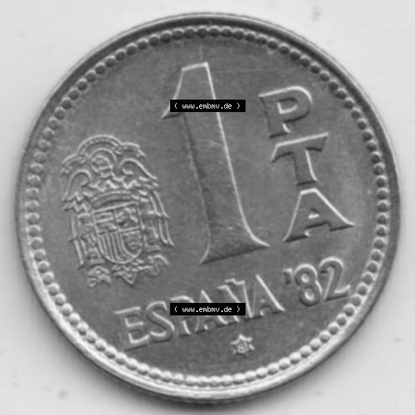 Grau bzw. s/w Münzen Spanien Umlaufmünze 1980-1980, 1 Pesete 1981. Vorderseite der alten Peseten Umlaufmünze aus Spanien vor Einführung der Euromünzen in Spanien zum katalogisieren... Sammlung Graustufen