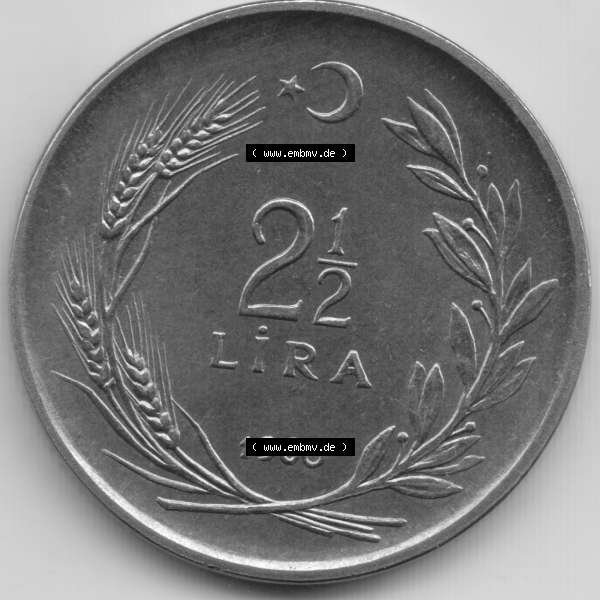 Grau bzw. s/w Münzen Türkei Umlaufmünze 1960-1968, 2.50 Lira. Vorderseite der Münze der Türkei als Bildmaterial für Sammler und Münzen-Webseiten hier im online... Sammlung Graustufen
