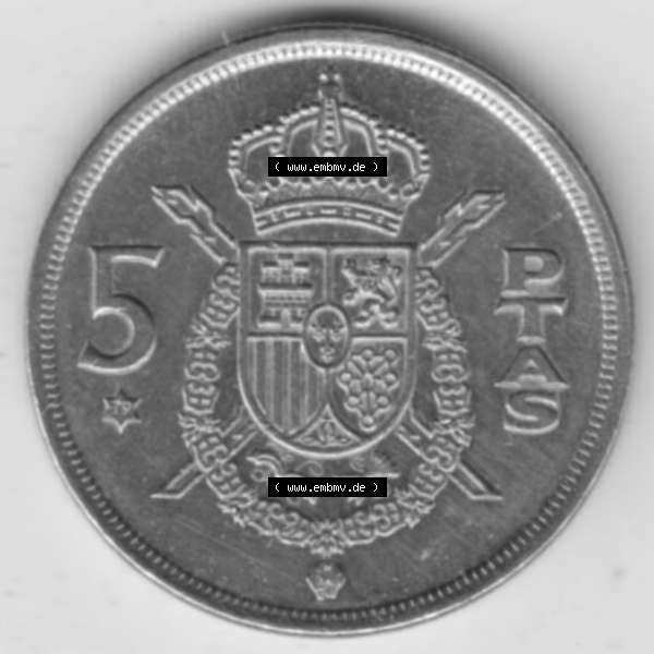 Grau bzw. s/w Münzen Spanien Umlaufmünze 1975-1975, 5 Peseten 1979. Vorderseite der alten Peseten Umlaufmünze aus Spanien vor Einführung der Euromünzen in Spanien zum katalogisieren... Sammlung Graustufen