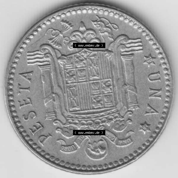 Grau bzw. s/w Münzen Spanien Umlaufmünze 1975, 1975-1980, Una Peseta, 1 Pesete 1979. Vorderseite der alten Peseten Umlaufmünze aus Spanien vor Einführung der Euromünzen... Sammlung Graustufen