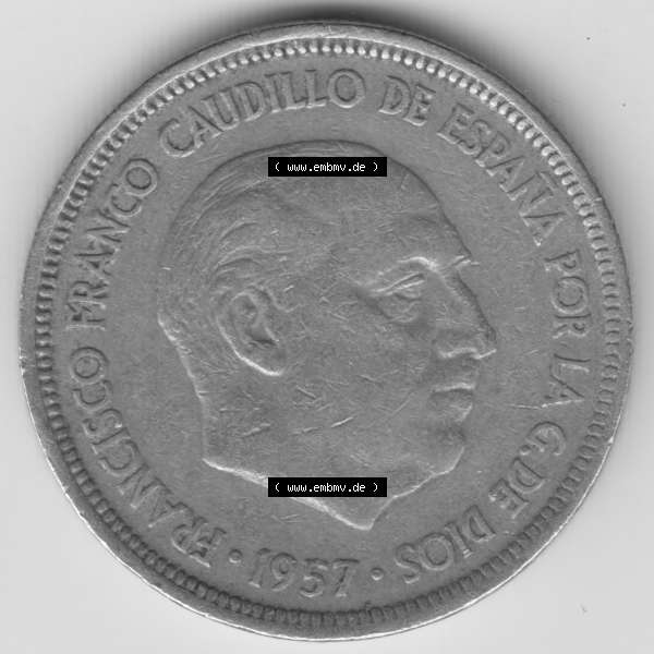 Grau bzw. s/w Münzen Spanien Umlaufmünze 1957, 1957-1975, 5 PTAS, Peseten 1958. Rückseite der spanischen Umlaufmünze aus Spanien vor der Euro-Einführung in Spanien zum... Sammlung Graustufen