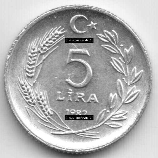 Grau bzw. s/w Münzen Türkei Umlaufmünze 1982-1982, 5 Lira. Vorderseite der Münze der Türkei als Bildmaterial für Sammler und Münzen-Webseiten hier im online Katalog und... Sammlung Graustufen