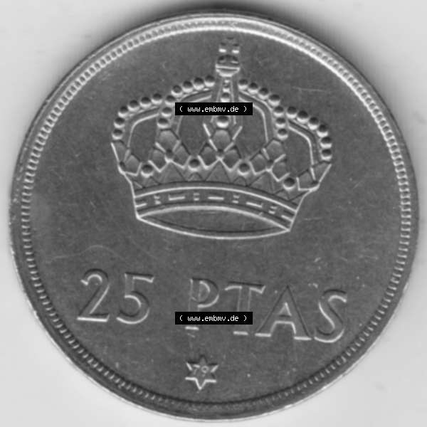 Grau bzw. s/w Münzen Spanien Umlaufmünze 1975-1975, 25 Peseten 1979. Vorderseite der alten Peseten Umlaufmünze aus Spanien vor Einführung der Euromünzen in Spanien zum katalogisieren... Sammlung Graustufen