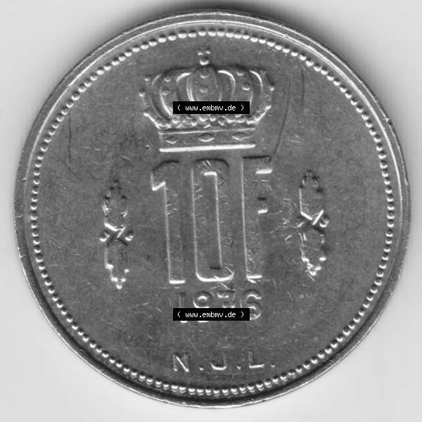 Grau bzw. s/w Münzen Luxemburg Umlaufmünze 1971-1980, 10 F, Francs, Franken 1976, Bild mit Vorderseite der Münze als Bildmaterial Sammlung Graustufen