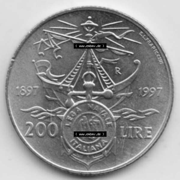 Grau bzw. s/w Münzen Italien Gedenkmünze 1997-1997, 200 Lire Italienische Meeresliga. Vorderseite der alten italienischen Münze aus Italien in der italienischen Lira-Währung zum katalogisieren... Sammlung Graustufen