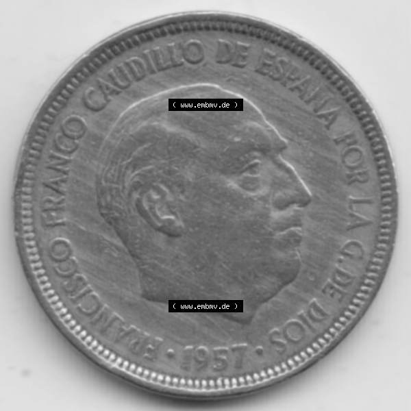 Grau bzw. s/w Münzen Spanien Umlaufmünze 1957-1957, 5 Peseten 19xx. Rückseite der spanischen Umlaufmünze aus Spanien vor der Euro-Einführung in Spanien zum katalogisieren im spanischen... Sammlung Graustufen