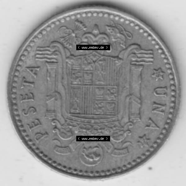 Grau bzw. s/w Münzen Spanien Umlaufmünze 1966-1966, 1 Peseta, Pesete. Vorderseite der alten Peseten Umlaufmünze aus Spanien vor Einführung der Euromünzen in Spanien zum katalogisieren... Sammlung Graustufen