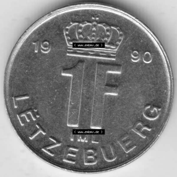 Grau bzw. s/w Münzen Luxemburg Umlaufmünze 1988-1995, 1 Franken - Francs 1990, Bild mit Vorderseite der Münze als Bildmaterial Sammlung Graustufen