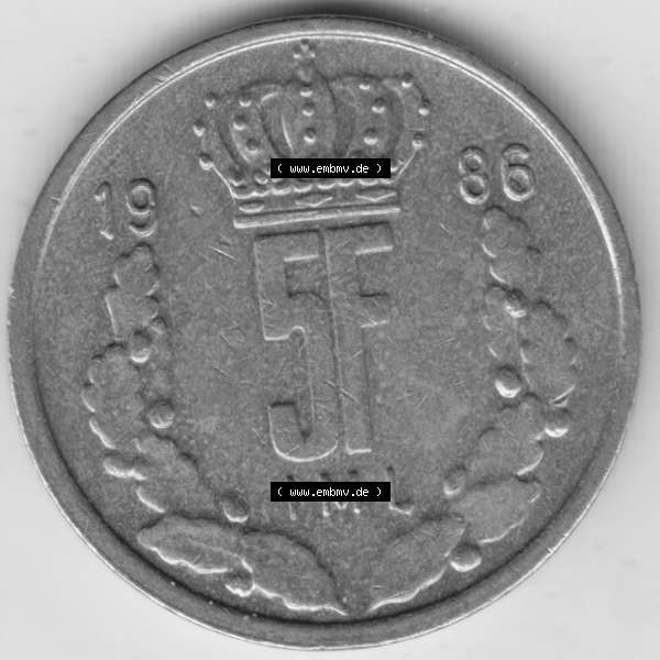 Grau bzw. s/w Münzen Luxemburg Umlaufmünze 1986-1988, 5 F, Francs, Franken 1986, Bild mit Vorderseite der Münze als Bildmaterial Sammlung Graustufen